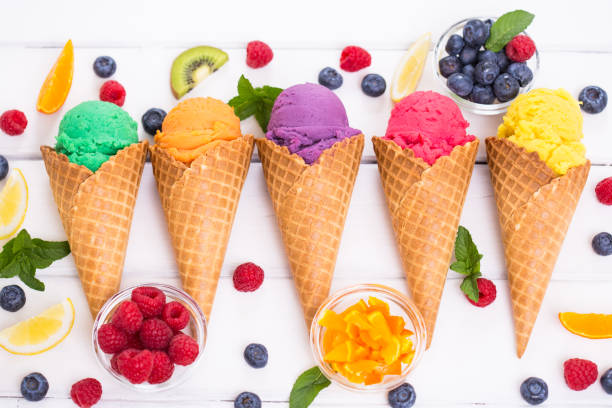 istock Various homemade fruit ice cream in the cone 946888388