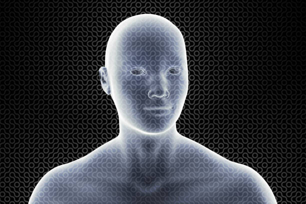istock transparent glowing 3d head of a man in front of a maze pattern (3d illustration) 946908932