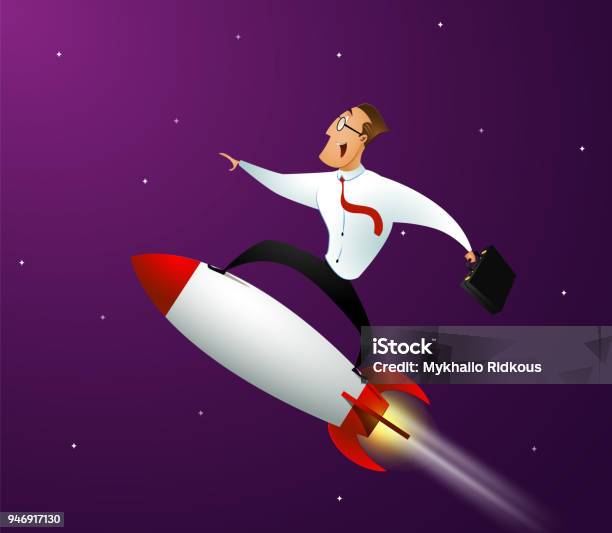 Man On Rocketship Happy Businessman Standing On Rocket Ship Stock Illustration - Download ...