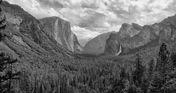 Black and white Panorama view of Yosemite National Park, from Tunnel view on a cloudy day, including Bridal Veil Falls and Half Dome