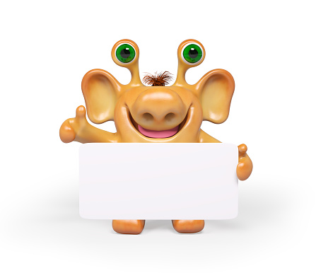 Joyful 3d fantasy cartoon monster showing hands with poster isolated, rendering
