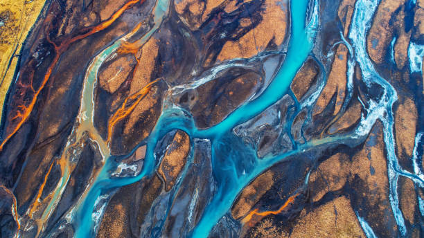 istock Aerial view and top view river in Iceland. Beautiful natural backdrop. 946924198