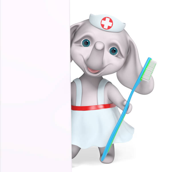 istock Cartoon elephant character behind poster holding toothbrush hygiene concept 3d rendering 946924356
