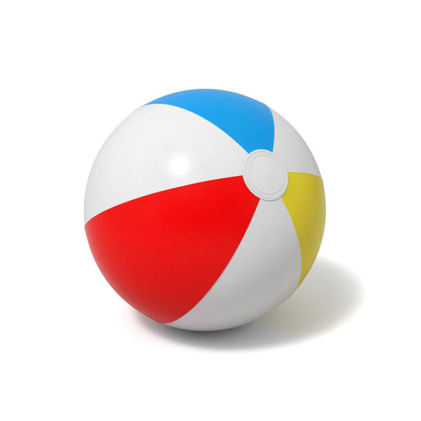 rendering 3d di un pallone da spiaggia gonfiato con strisce bianche e colorate su sfondo bianco - vibrant color yellow recreational equipment red foto e immagini stock