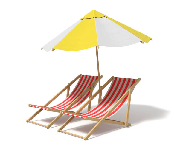 istock 3d rendering of a white and yellow beach umbrella standing above two deck chairs 946938534