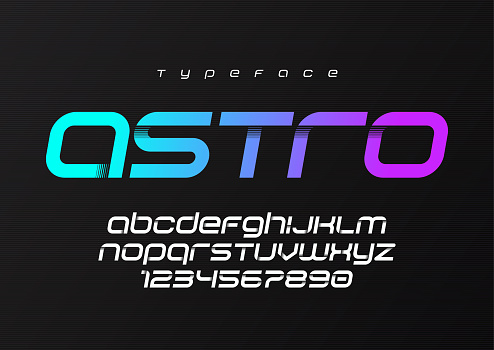 Astro futuristic minimalist display font design, alphabet, typeface, letters and numbers, typography. Swatch color control.