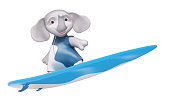 Character elephant surfer with surf board isolated 3d rendering