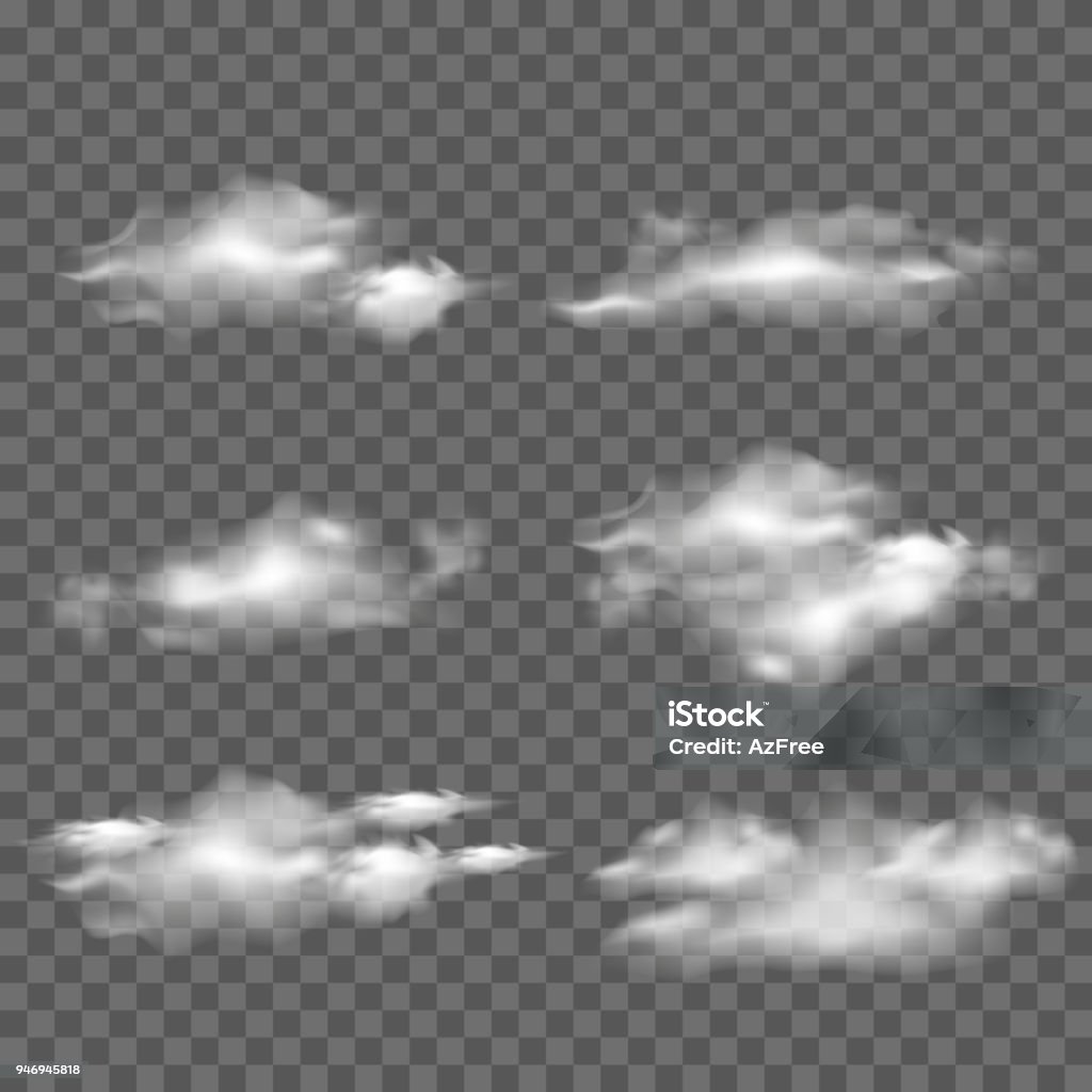 Raccolta di nuvole bianche realistiche su sfondo trasparente. vettore. - arte vettoriale royalty-free di Nube