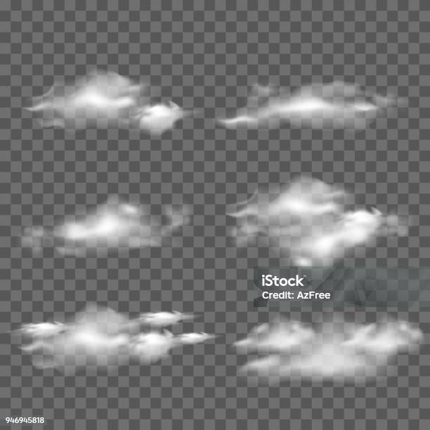 Raccolta Di Nuvole Bianche Realistiche Su Sfondo Trasparente Vettore - Immagini vettoriali stock e altre immagini di Nube