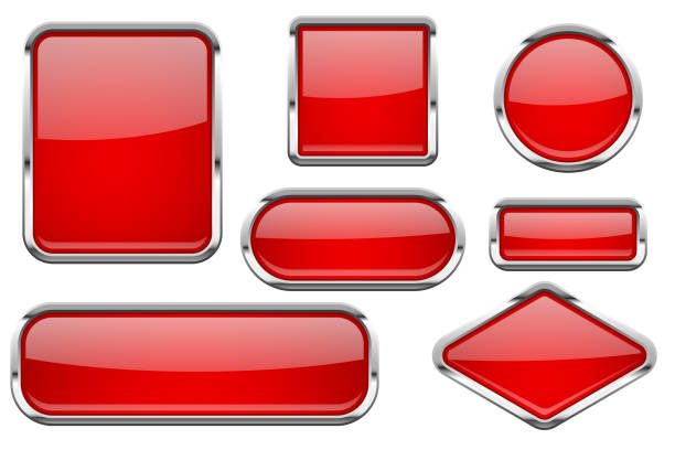 istock Red glass buttons with chrome frame. Colored set of shiny 3d web icons 946950070