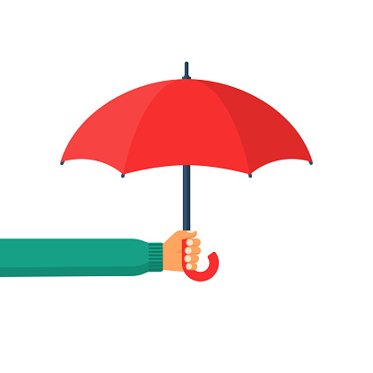 Umbrella holding in hand. Vector illustration flat design. Protection icon. Security concept. Isolated on white background.