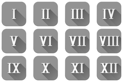 Roman numerals. Grey square icons. Vector illustration isolated on white background