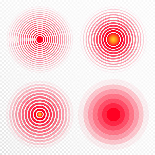 ilustrações, clipart, desenhos animados e ícones de conjunto de ícones de concentração de dor. círculos vermelhos transparentes, símbolos de concentração de dor para drogas médicas analgésico, dor de cabeça, musculares e estômago doer designação - designation