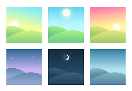 Landscape at different times of day, daily cycle illustration. Beautiful hills at morning, day and night.