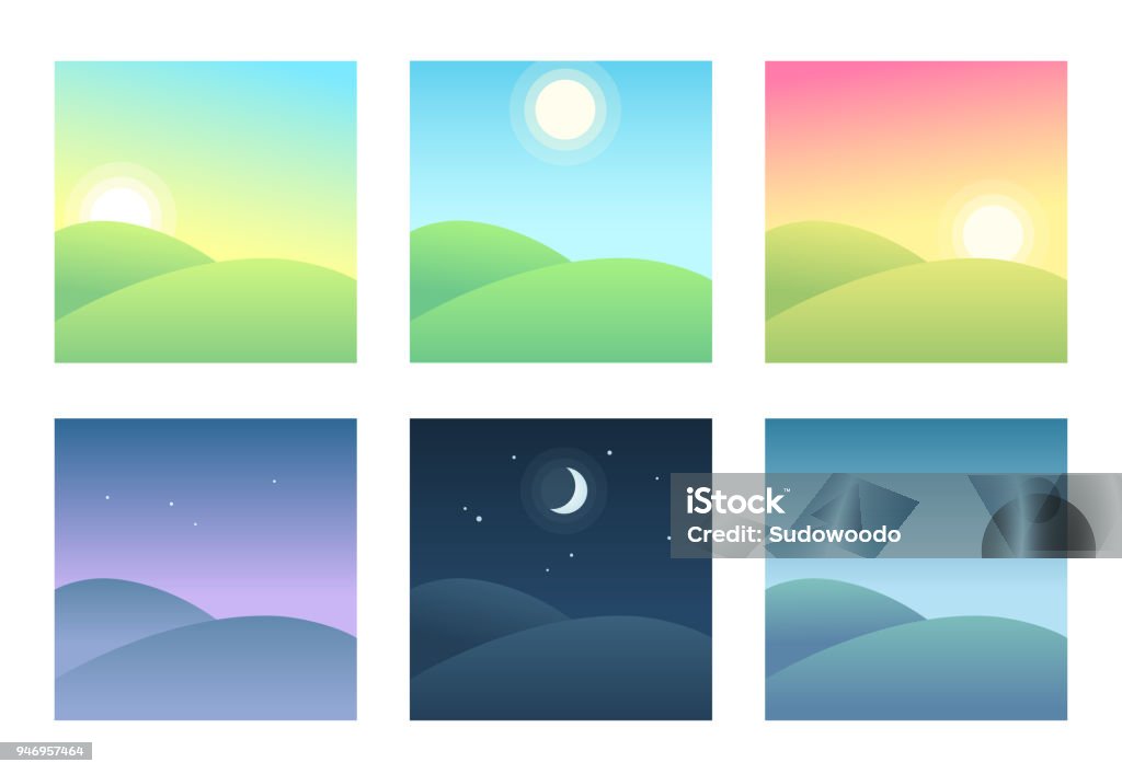 Landscape at different times of day Landscape at different times of day, daily cycle illustration. Beautiful hills at morning, day and night. Night stock vector