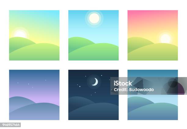 Landscape At Different Times Of Day Stock Illustration - Download Image Now - Night, Day, Sunrise - Dawn