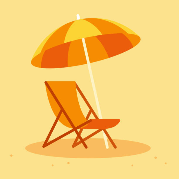 Beach chair and umbrella Beach chair and umbrella in simple flat cartoon style. Summer vacation vector illustration. deck chair stock illustrations