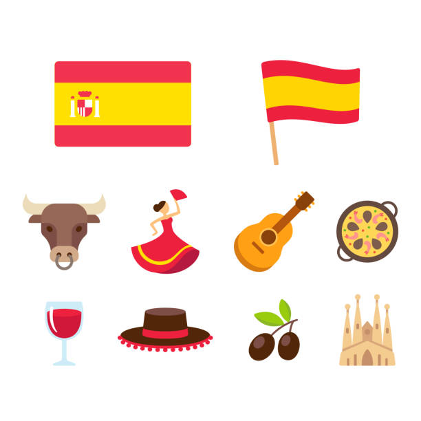 Spain cartoon icons set Spain icons set in flat cartoon style. Traditional Spanish national symbols, isolated vector illustrations. contemporary madrid european culture travel destinations stock illustrations