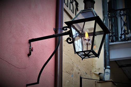 A black antique metal lantern in New Orleans