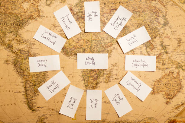 istock Education concept with cards for learning enlish. Retro map 946961062