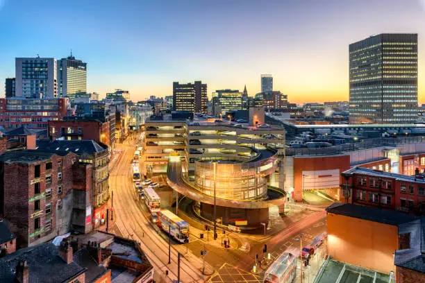 Aerial view of City Center Manchester, UK.