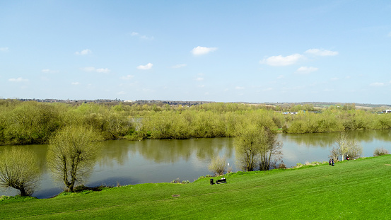 Aerial view of Thames River near Reading - Berkshire, United Kingdom in a spring sunny day - 14.04.2018