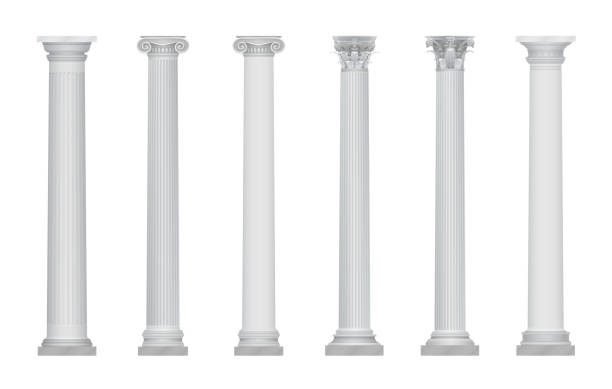 illustrazioni stock, clip art, cartoni animati e icone di tendenza di vettore realistico antico greco roma colonne capitali insieme. - roman statue immagine