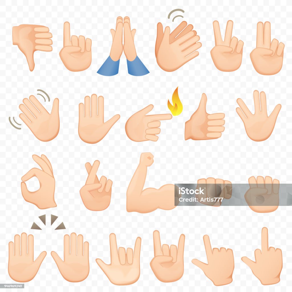 Set of cartoon hands icons and symbols. Emoji hand icons. Different hands, gestures, signals and signs, vector illustration collection. Set of cartoon hands icons and symbols. Emoji hand icons. Different hands, gestures, signals and signs, vector illustration collection Emoticon stock vector