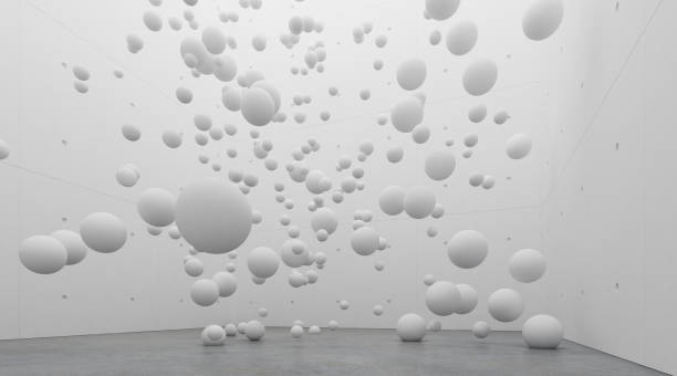 istock Abstract of architecture space with white sphere ball are falling from sky to the ground with light and shadow of the sun,3D render 946969312