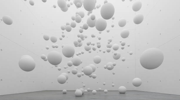 istock Abstract of architecture space with white sphere ball are falling from sky to the ground with light and shadow of the sun,3D render 946969332