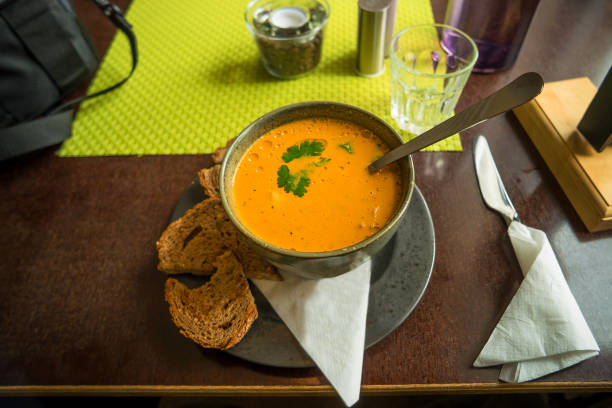 Traditional Icelandic lamb soup and bread, in an open cafe