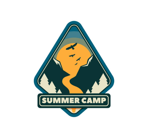 Photo of Exploration camp, tourism extreme emblem, logo design. Wild travel sticker