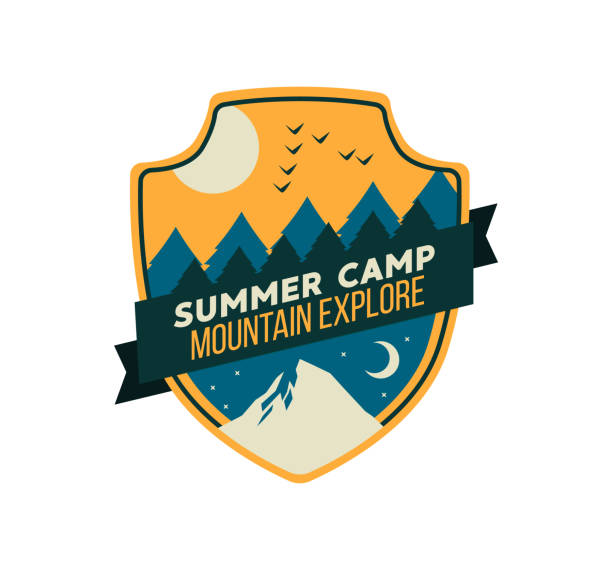 Photo of Exploration camp, tourism extreme sport club emblem, logo design. Wild travel sticker