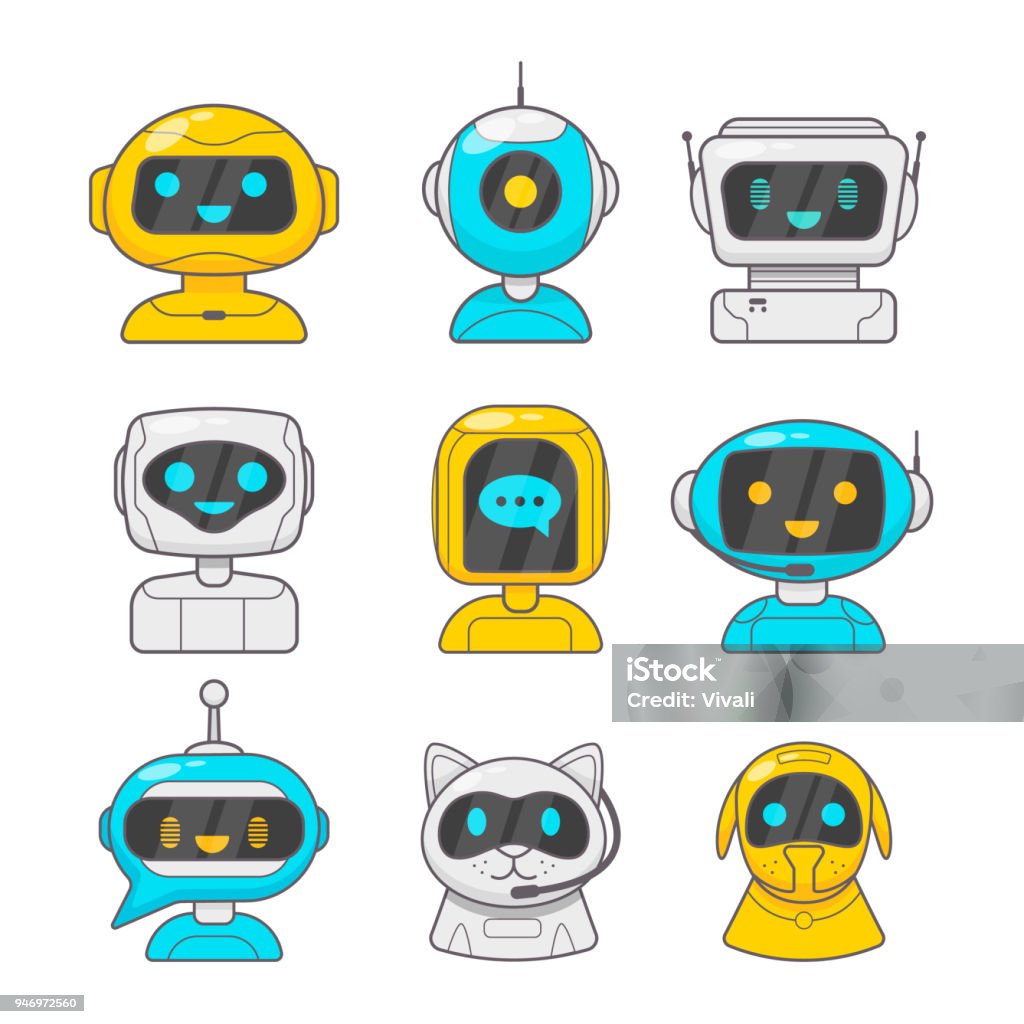 Chat bot robot concept. Futuristic machine character. Virtual chat help program Cute robot head avatar set. Chat bot vector icon with different faces. Support stock vector