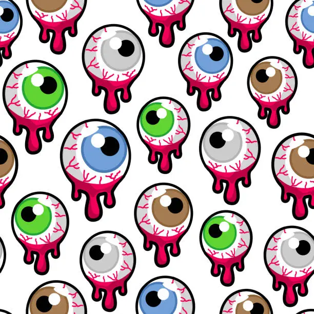 Vector illustration of Vector seamless pattern with the bloody zombie or alien eyeballs on white background.