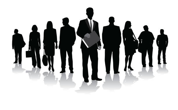 Business Leader Large group of business people in silhouette and standing in a perspective line entrepreneur silhouettes stock illustrations