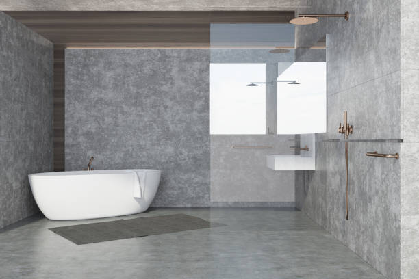 istock Concrete wall bathroom interior, white tub 946977042
