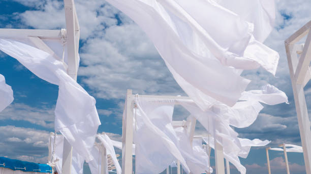 istock Sheds  awning with fabric white curtains on the seashore breeze in the wind 946987028