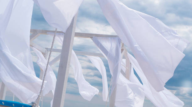 istock Sheds  awning with fabric white curtains on the seashore breeze in the wind 946987058