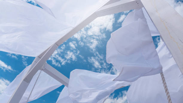 istock Sheds  awning with fabric white curtains on the seashore breeze in the wind 946987060