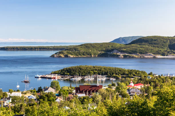 View of Tadoussac and the meeting point of St-Lawrence river and Saguenay river. Saguenay Fjord, Quebec, Canada stock photo