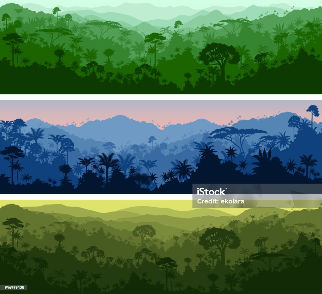 conjunto de fondos de vector horizontal perfecta selva tropical Selva - arte vectorial de Bosque pluvial libre de derechos