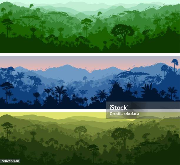 Set Of Vector Horizontal Seamless Tropical Rainforest Jungle Backgrounds Stock Illustration - Download Image Now