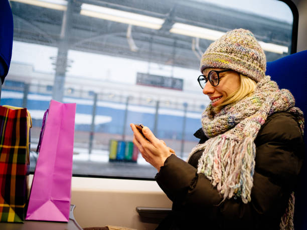 istock Middle aged woman in MCC train in Moscow 947003272