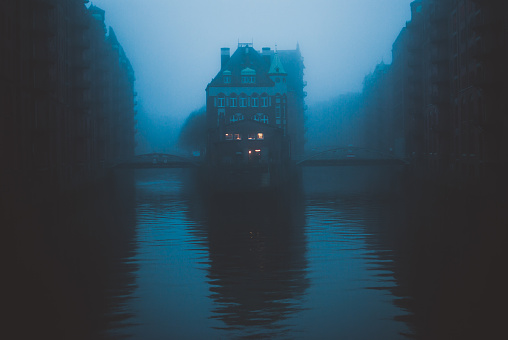 Famous panorama of Speicherstadt, warehouse district in Hafen city