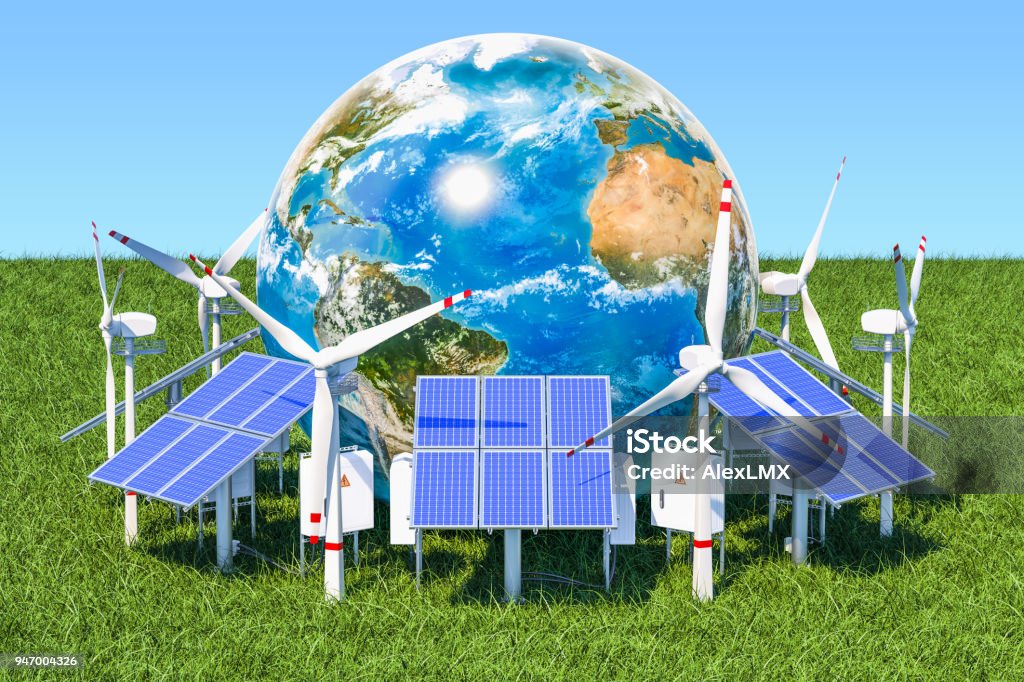 Renewable energy concept. Solar panels and wind turbines around the Earth Globe in the green grass against blue sky Renewable energy concept. Solar panels and wind turbines around the Earth Globe in the green grass against blue sky. The source of the map - https://svs.gsfc.nasa.gov/3615 Planet Earth Stock Photo