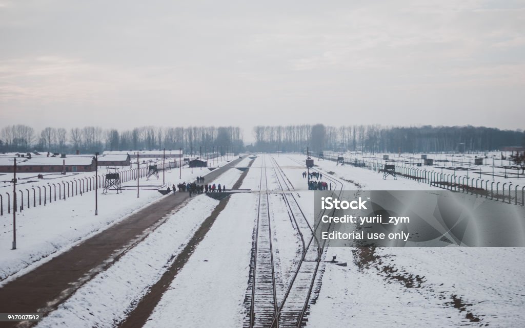 Gleisanlagen des KZ Auschwitz-Birkenau von berühmten Aussichtsturm gesehen. - Lizenzfrei Antisemitismus Stock-Foto