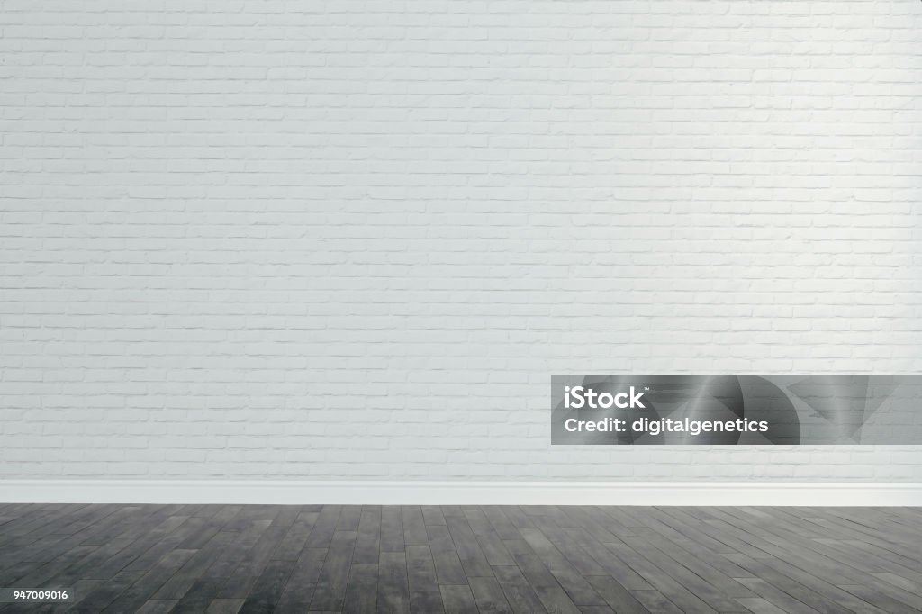 Interno 3d con parete bianca e pavimento in legno, rendere - Foto stock royalty-free di Muro