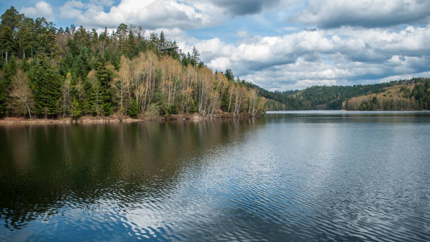 istock Panorama of beautiful lake on spring with cloudy sky 947015142
