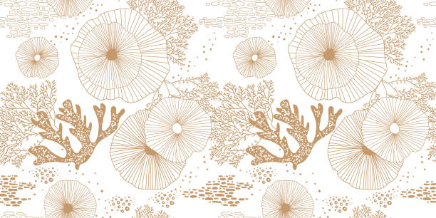Hand drawn seamless vector pattern. Gold corals and algae on a white background For printing, fabric, textile, manufacturing, wallpapers. Sea bottom. sea life stock illustrations